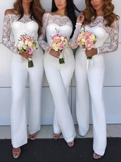 Off the Shoulder Lace Long Sleeve Bridesmaid Jumpsuits 