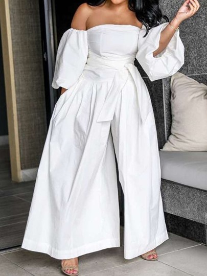 Full Length Plain Pleated Casual Wide Legs Womens Jumpsuit 