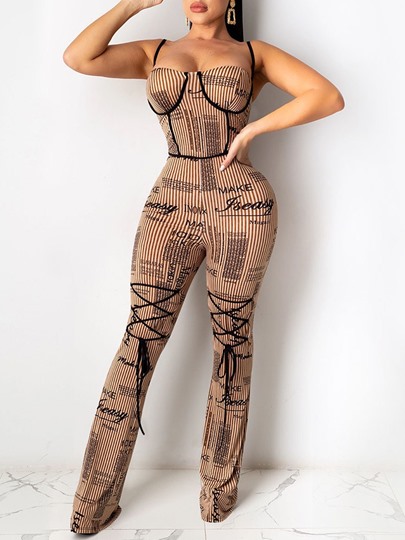 Print Letter Full Length Sexy Skinny Womens Jumpsuit 